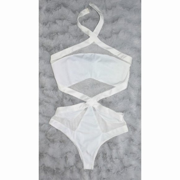 Fashion Nova Tops - Fashion Nova bodysuit cross halter side cutout sheer mesh snap white size S